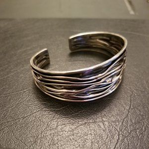 Solid Sterling Silver Medium Tapered Oxidized Cascading Waves Open Cuff Bracelet